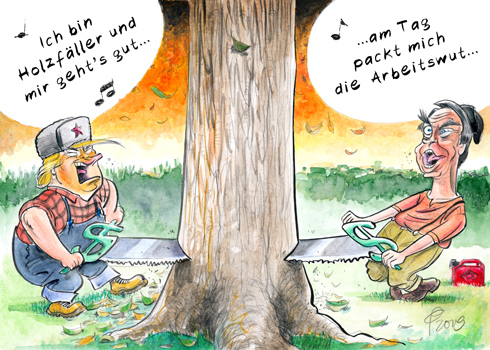 Paolo Calleri Karikaturist Freier Grafiker Illustrator Politische Karikatur Lumberjacks Usa Alaska Regenwalder Wald Natur Abholzung Wirtschaft Amazonas Sudamerika Nordamerika Brasilien Umwelt Klima Klimakrise Grune Lunge